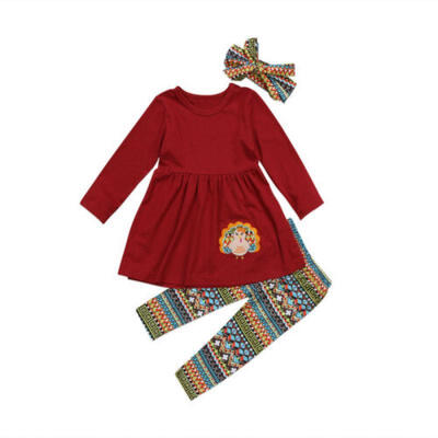 

Thanksgiving Day Turkey Kid Baby Girl Clothes TopsLeggingsHeadband 3PCS Outfit
