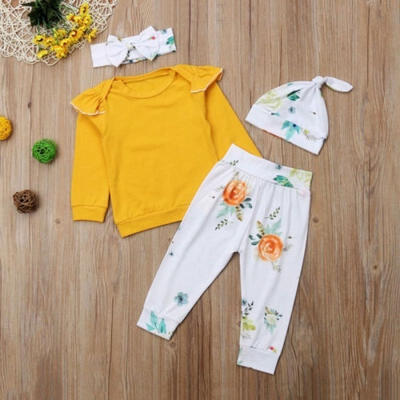 

Adorable Newborn Baby Girls Tops Flower Pants Hat Headband Outfits Set Clothes
