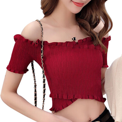 

Elegant Solid Off Shoulder Cropped T-shirt Women Summer Short Sleeve Ruffles T-Shirt Top Ladies Elastic Knitted Short Tee Top