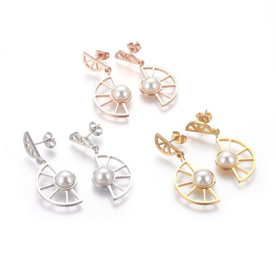 

304 Stainless Steel Dangle Stud Earrings with Acrylic Pearl Half Round Mixed Color 41mm Pin 08mm