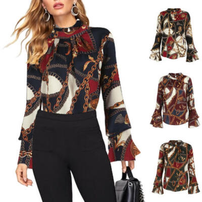 

Womens Chain Print T-Shirt Ladies Long Sleeve Slim Casual OL Work Blouse Tops