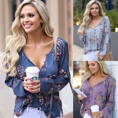 

NEW Womens Floral Print Long Sleeve Casual Blouse Loose Tops T-Shirt Plus Size