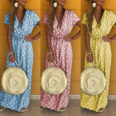 

Women Boho Polka Dot Short Sleeve Dress Beach Holiday Maxi Long Dresses Sundress