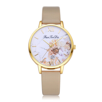 

FanTeeDa Brand Women Print Big Dial Watch Ladies Leather Quartz Watches Gold Color Flower Dress Wristwatch Female 533