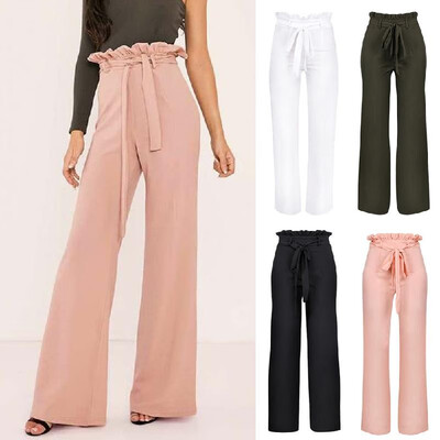 

New Women High Waist Pants Belt Ruffle Zip Solid Color Wide Leg Trousers Elegant Long Pant
