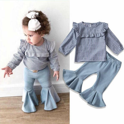 

US Infant Baby Girl Striped Fly-Sleeve Top Flared Flannel Pants Kid Clothes Set