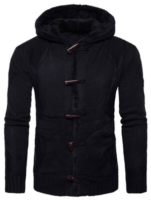 

Hooded Horn Button Fleece Knitted Jacket