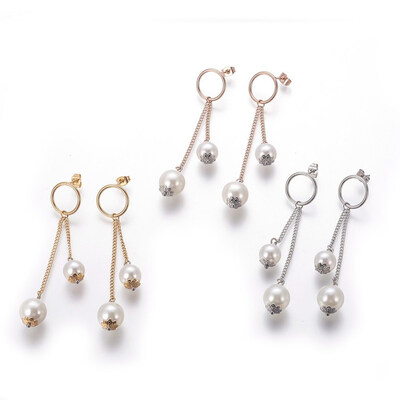 

304 Stainless Steel Dangle Stud Earrings with Acrylic pearl Mixed Color 76mm Pin 08mm