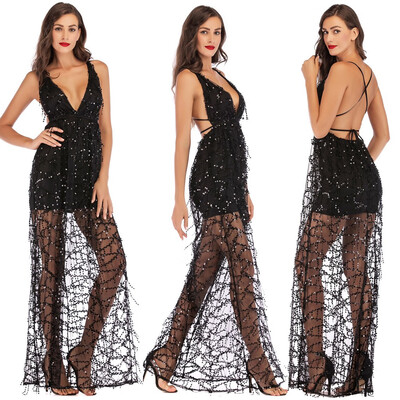 

〖Follure〗Sexy Women V Neck Maxi Sequin Halter Backless Split Cocktail Prom Gown Dress