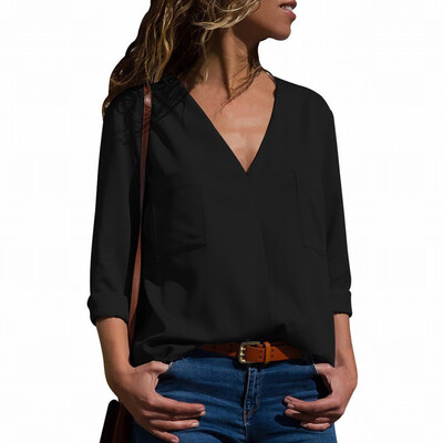 

Solid color V-neck long-sleeved pocket loose tooling white-collarshirt womens