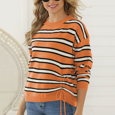 

Tailored Women O-Neck Patchwork Stripe Pullover long Sleeve Loose Knitted Sweater Tops