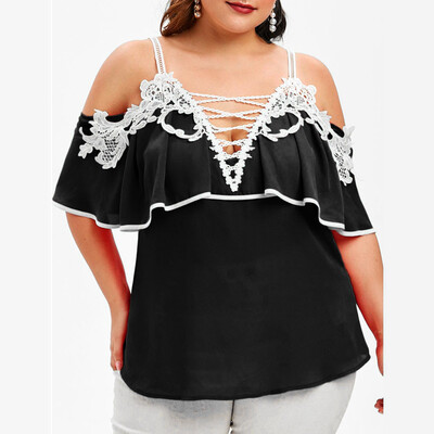 

Roseonmyhand Large Size Women Off Shoulder Lace Short Sleeve V Neck Shirt Tops Blouse