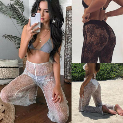 

Sexy Womens Mesh Sheer Fur Wide Leg Transparent Pant Trousers Bikini Cover Up US