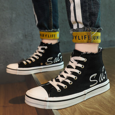 

Mens shoes in summer high red canvas shoes mens Korean version of broken cloth shoes personality board shoes hundred street