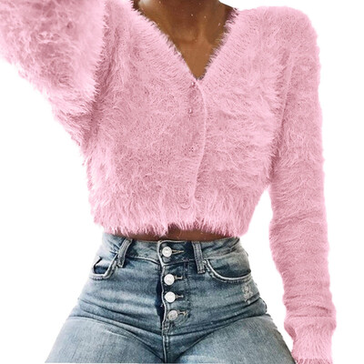 

〖Follure〗Women Fashion V-neck Long Sleeve Furry Casual Sweater Crop Popular Women Tops