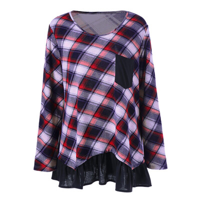 

Roseonmyhand Fashion Women Plus Size O-Neck Ruffles Patchwork Flounced Plaid T-Shirt Top Tee