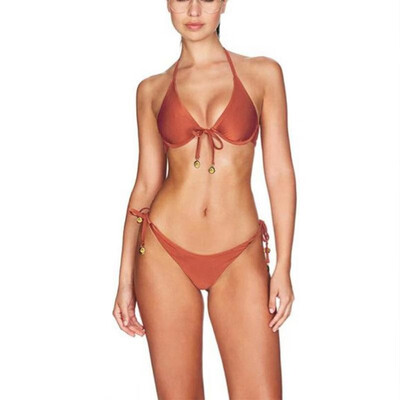 

Sexy Women Solid Color Halter Bikini Set Underwire Support Padded Low Waist Beach Bathing Suit Swimwear Two Pieces