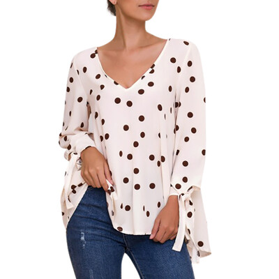 

Fashion New Autumn V-neck Long-sleeved Loose T-shirt Wave Print Lace-up Versatile Shirt
