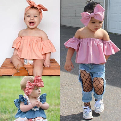

2PC Toddler Kids Baby Girl Outfits Clothes T-shirt Off ShoulderBowknot Headband