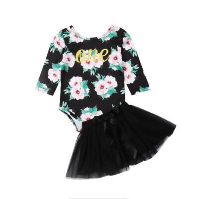 

Baby Girls Fashion Floral Flower Printed Round Neck Long Sleeve Bodysuit Party Bow Tutu Tulle Skirts
