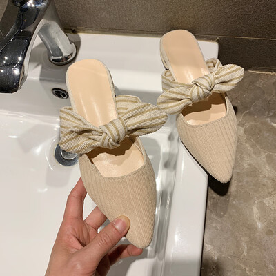 

Net red bow Baotou half drag womens shoes elegant temperament pointed slippers lazy comfortable slippers