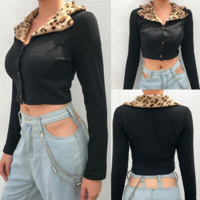 

Womens Loose Long Sleeve Buttons T Shirts Leopard V Neck Solid Top Blouse