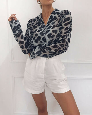 

Women Leopard Print V-neck Chiffon Blouse Shirt Ladies Long Sleeve T-shirt Tops