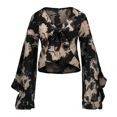 

Women Casual Sexy V-neck T-shirt Flared Sleeves Irregular Flower Print Pattern Short Top T-shirt