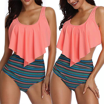 

Saidsome Women Two Piece Plus Size Sexy Backless Halter Beach Printed Swimwear Set