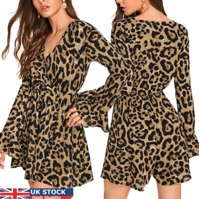 

UK Womens Leopard Playsuit Romper Ladies Jumpsuit Summer Beach Dress Size 6 - 14