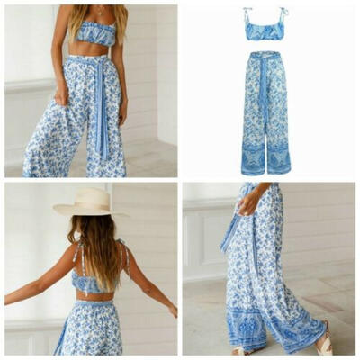 

Summer Women Boho Print Short Sling Vest Tops Loose Long Pant Beach Holiday 2Pcs