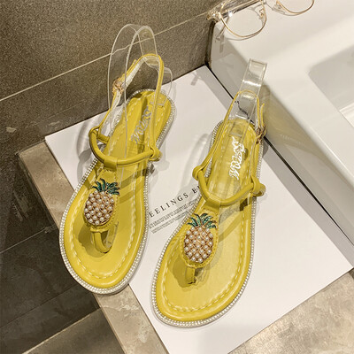 

Net red toe sandals women 2019 new summer fashion Joker student transparent rhinestone pineapple flat shoes tide