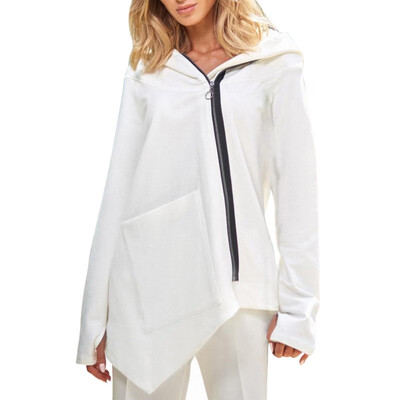 

Women Solid Color Long Sleeve Hooidies Pocket Jacket Fashion Loose Zipper Irregular Coat Hooded Outwear Autumn Women Clothing