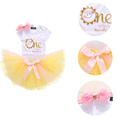 

3PC Baby Girl 1st Birthday Romper Tutu Tulle Dress Party Headband Clothes Set