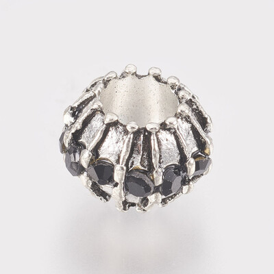 Antique Silver Plated Alloy European Beads with Rhinestone Large Hole Beads Rondelle Jet 10x7mm Hole 5mm