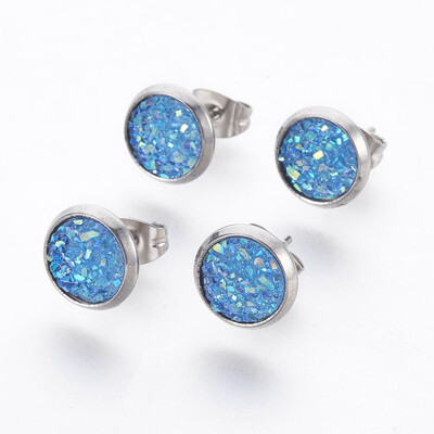 

304 Stainless Steel Stud Earrings with Resin Druzy Flat Round SkyBlue 14x10mm Pin 08mm
