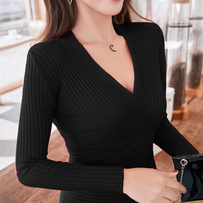 

Tailored Women V-Neck Solid Long Sleeve Cross Knitt Sweater Pullover Top