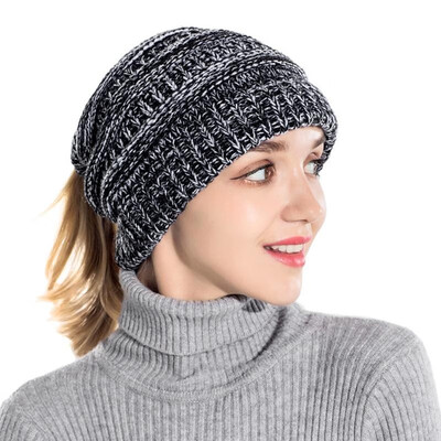

Fashion Women Knitted Beanies Tail Hat Dome High Bun Ponytail Winter Warm Cap Skullies Headwear