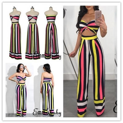 

2018 Summer Sexy Women Wrap Tops Striped Wide Leg Pants Two Pieces