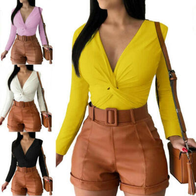 

Womens V-Neck Solid Color T-Shirt Tops Ladies Long Sleeve Slim Autumn Bodysuit