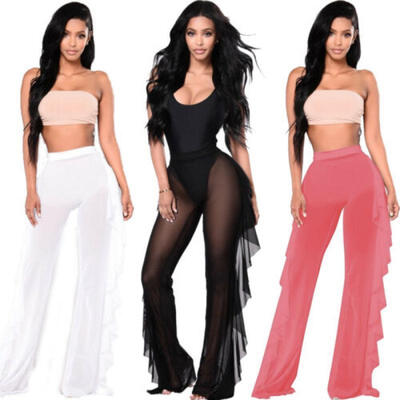 

US Womens Sexy Beachwear Sheer Bikini Cover Up Swimwear Ruffle Pants Trousers