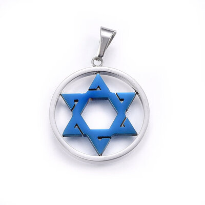 

304 Stainless Steel Pendants RingCircle with Star of David Blue & Stainless Steel Color 3234x29x253mm Hole 89x5mm