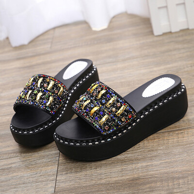 

Colorful diamond bright-sheet high-bottom slippers womens summer 2019 new style Korean style high-heel&one-character coo