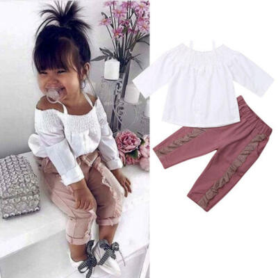 2PCS Toddler Kids Baby Girl Off Shoulder Tops Denim Shorts Pants Outfit Clothes
