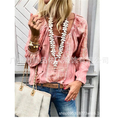 

2019 Amazon Wish AliExpress hot blast womens wild loose large size lace fashion shirt shirt blue