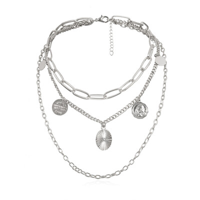 

3 Multi Layer Long Adjustable Chain 5 Pendant Choker Necklace Fashion Coin Rune Queen Jewelry Female Women Gift 2019