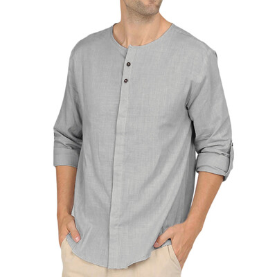 

Tailored Mens Fashion Baggy Cotton Blend Solid Color Long Sleeve Round Neck Shirts