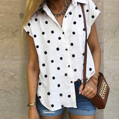 

Starmoon Womens Summer Casual Fashion Stand Print Short Polka Dot Shirt Tops