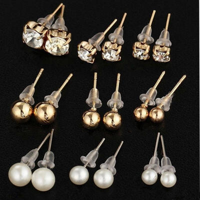 

New 9 Pair Fashion Rhinestone Crystal Pearl Earrings Set Women Ear Stud Jewelry Gift