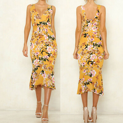 

Women Floral Print Sleeveless Dress Ladies Boho Long Maxi Summer Evening Party